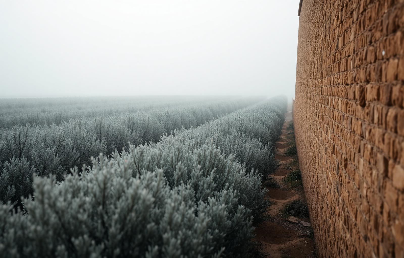 Olive grove in morning mist